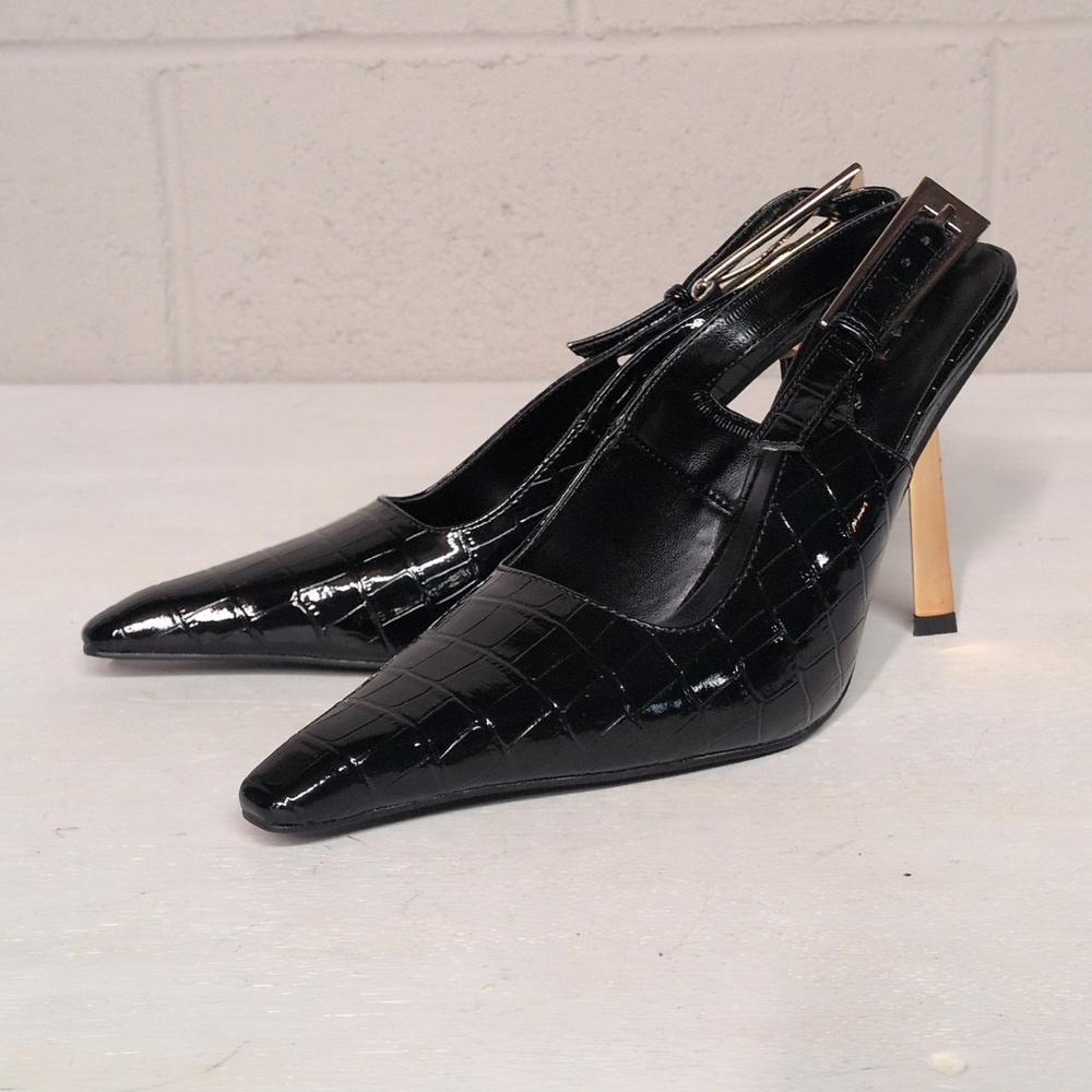 90s Minimalism Black Crocodile Slingback Heel Stiletto Size 7, CBK Style - Picture 3 of 8